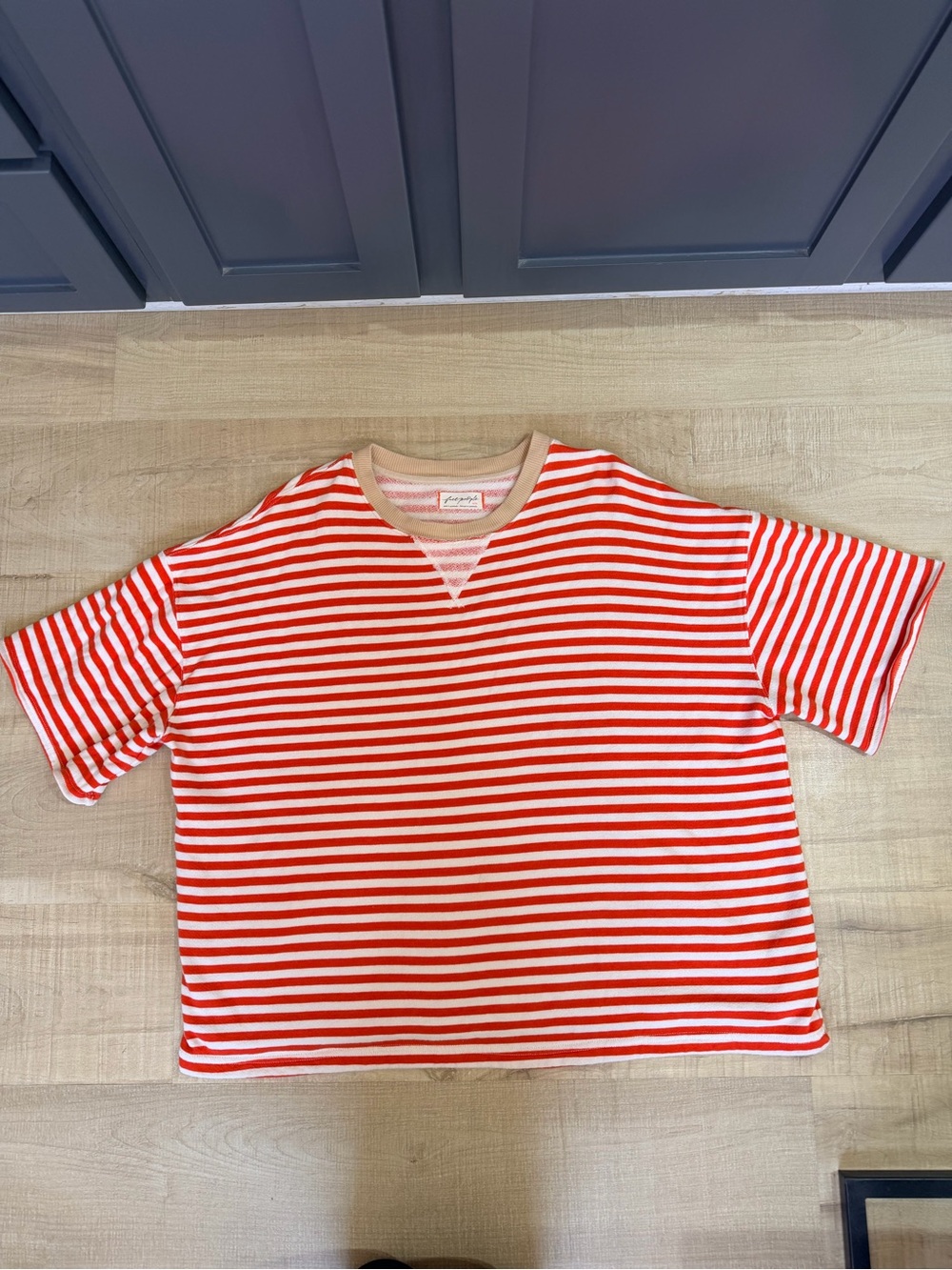 Free People Orange and White Striped Short Sleeve Sweatshirt. French Terry. M